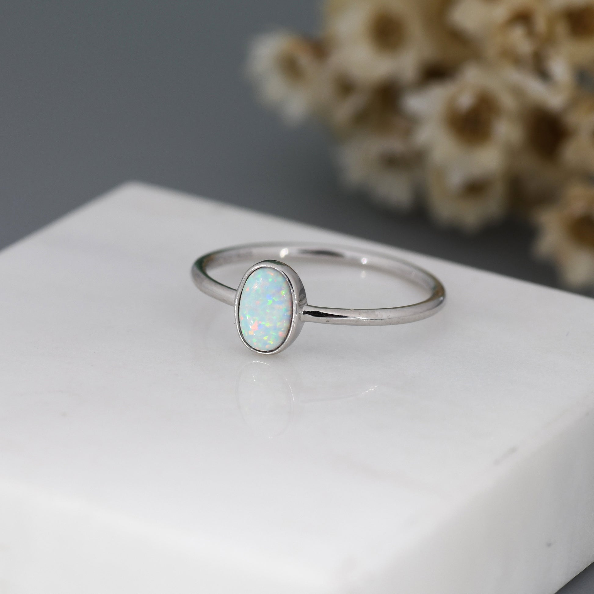 White Fire Oval Opal Ring in Sterling Silver, US 5 - 8, Delicate Opal Stone Ring, Lab Created Opal Ring, Simulated Opal Ring