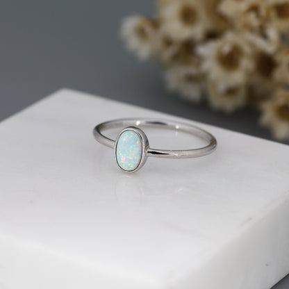 White Fire Oval Opal Ring in Sterling Silver, US 5 - 8, Delicate Opal Stone Ring, Lab Created Opal Ring, Simulated Opal Ring