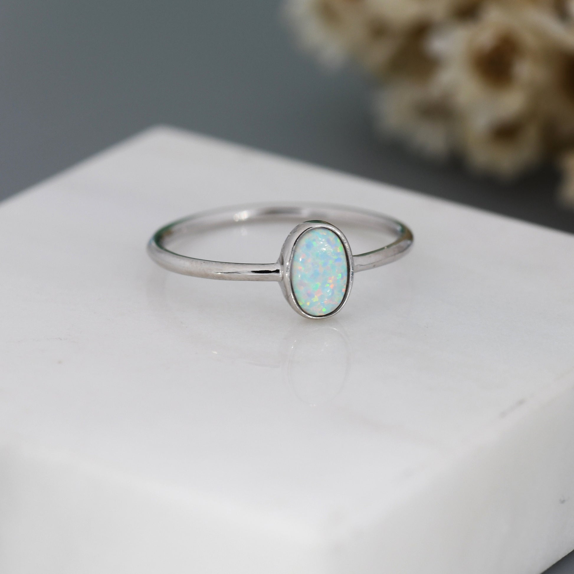 White Fire Oval Opal Ring in Sterling Silver, US 5 - 8, Delicate Opal Stone Ring, Lab Created Opal Ring, Simulated Opal Ring