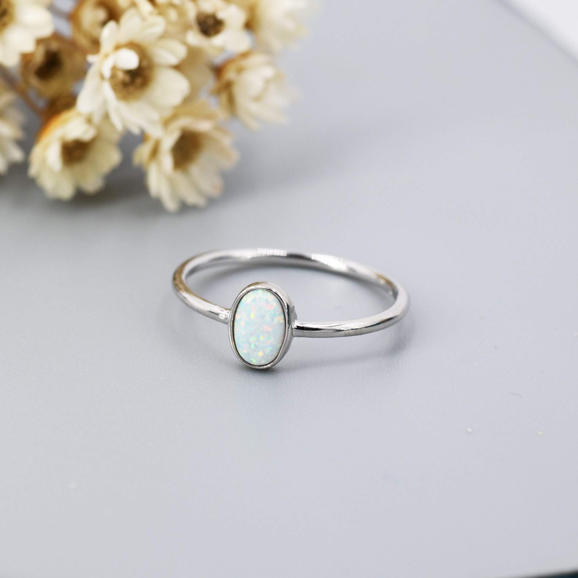White Fire Oval Opal Ring in Sterling Silver, US 5 - 8, Delicate Opal Stone Ring, Lab Created Opal Ring, Simulated Opal Ring