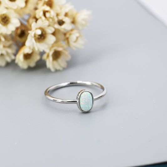 White Fire Oval Opal Ring in Sterling Silver, US 5 - 8,  Delicate Opal Stone Ring, Lab Created Opal Ring, Simulated Opal Ring