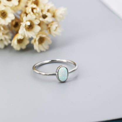 White Fire Oval Opal Ring in Sterling Silver, US 5 - 8, Delicate Opal Stone Ring, Lab Created Opal Ring, Simulated Opal Ring