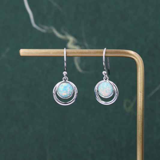 Aqua Green Opal and Circle Drop Hook Earrings in Sterling Silver, Delicate Fire Opal Geometric Earrings, Opal Coin Earrings