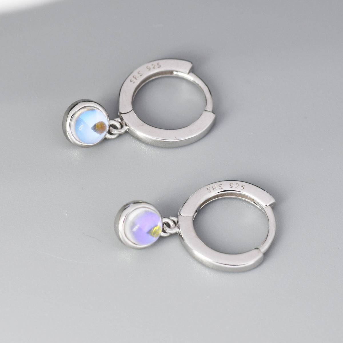 Dangle Moonstone Huggie Hoop in Sterling Silver, Silver or Gold, Simulated Moonstone Hoops, Minimalist Hoop Earrings, Moonstone Coin Hoops