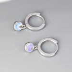 Dangle Moonstone Huggie Hoop in Sterling Silver, Silver or Gold, Simulated Moonstone Hoops, Minimalist Hoop Earrings, Moonstone Coin Hoops