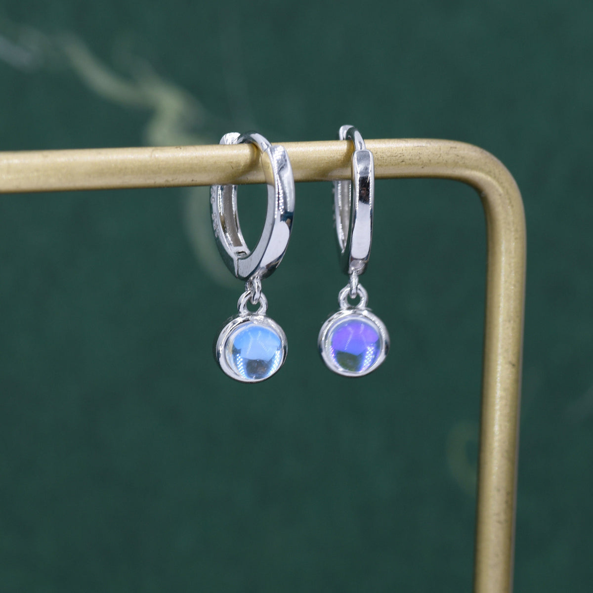 Dangle Moonstone Huggie Hoop in Sterling Silver, Silver or Gold, Simulated Moonstone Hoops, Minimalist Hoop Earrings, Moonstone Coin Hoops