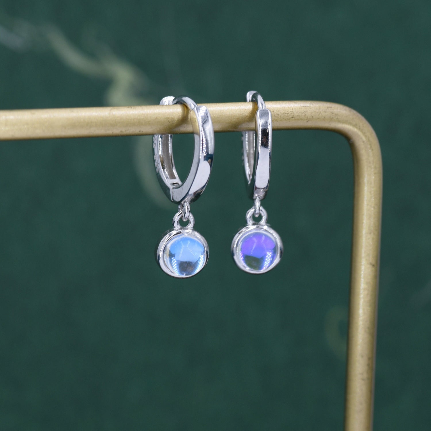 Dangle Moonstone Huggie Hoop in Sterling Silver, Silver or Gold, Simulated Moonstone Hoops, Minimalist Hoop Earrings, Moonstone Coin Hoops