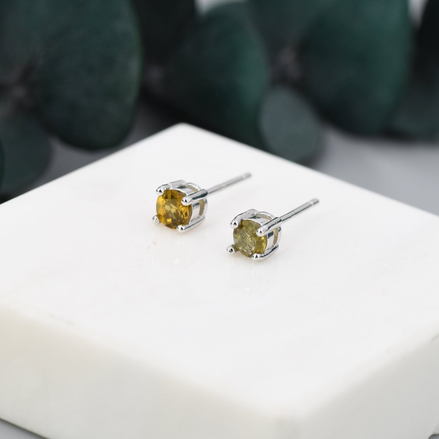 Natural Raw Tourmaline Stone Stud Earrings in Sterling Silver -  Genuine Tourmaline Crystal Stud Earrings  - Yellow Green Tourmaline