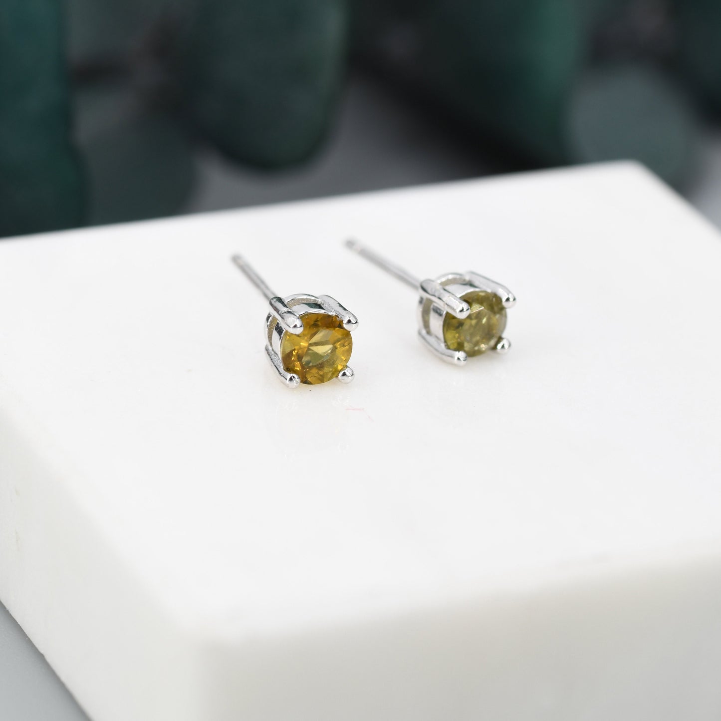 Natural Raw Tourmaline Stone Stud Earrings in Sterling Silver -  Genuine Tourmaline Crystal Stud Earrings  - Yellow Green Tourmaline