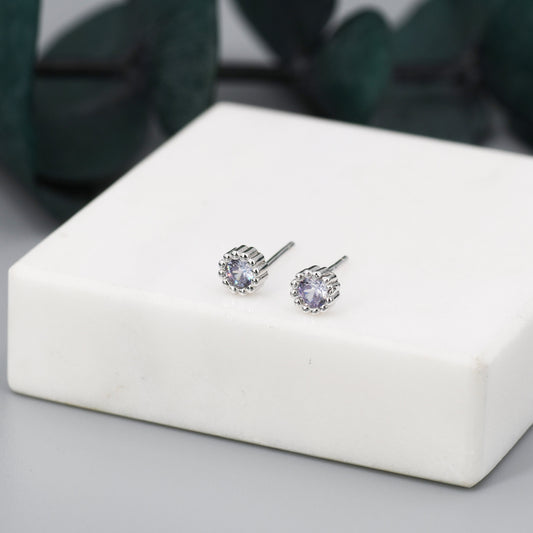 Sterling Silver Alexandrite CZ Stud Earrings,  4mm June Birthstone CZ Earrings, Silver, Dotted Bezel, Gold or Rose Gold