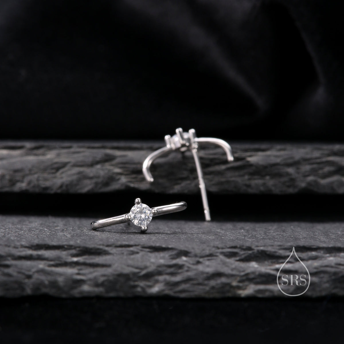 Single Piercing CZ Skinny Earlobe Cuff Earring in Sterling Silver, Lobe Cuff, Silver or Gold or Rose Gold, Stapler Earrings