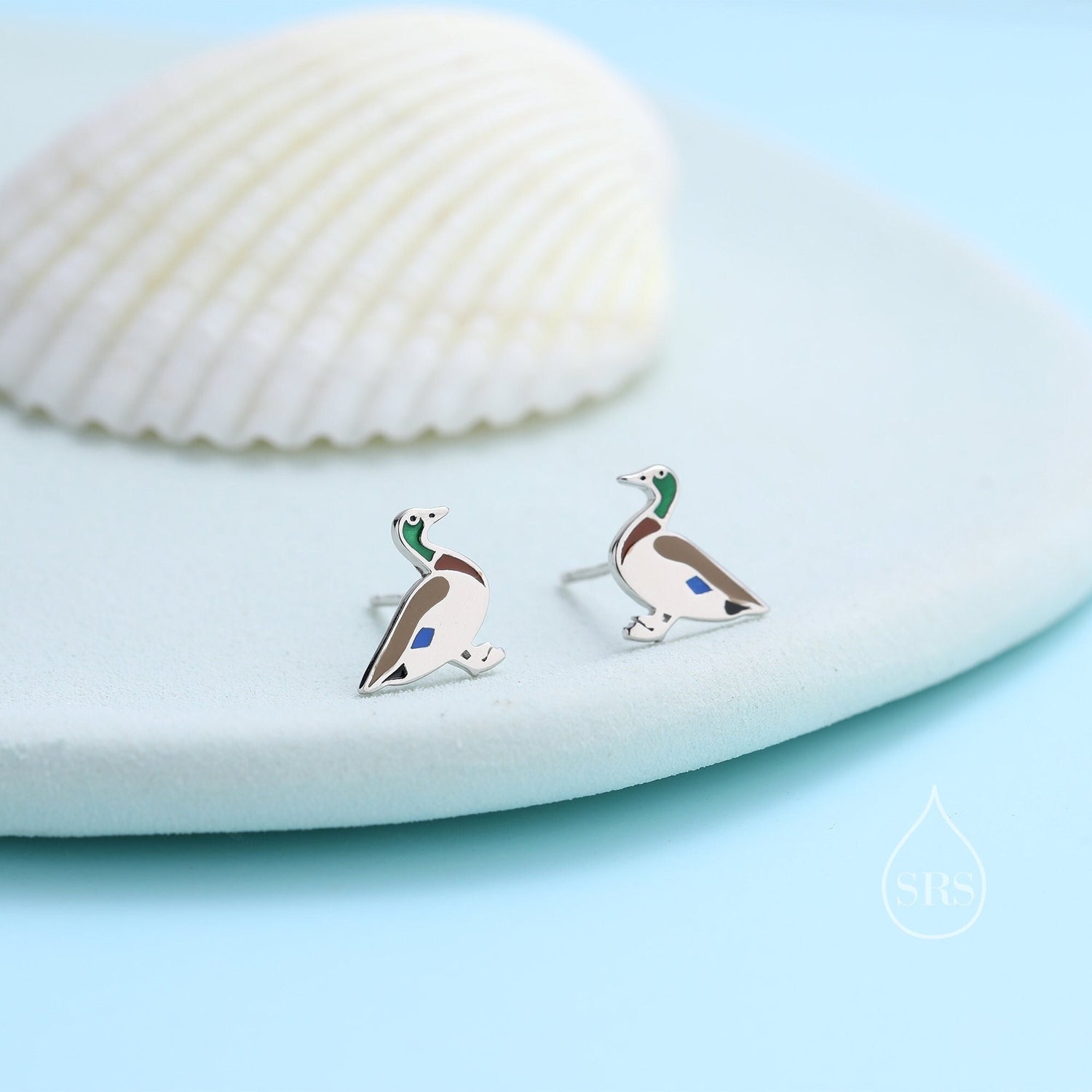 Enamel Mallard Duck Stud Earrings in Sterling Silver, Bird Earrings, Cute Duck Earrings