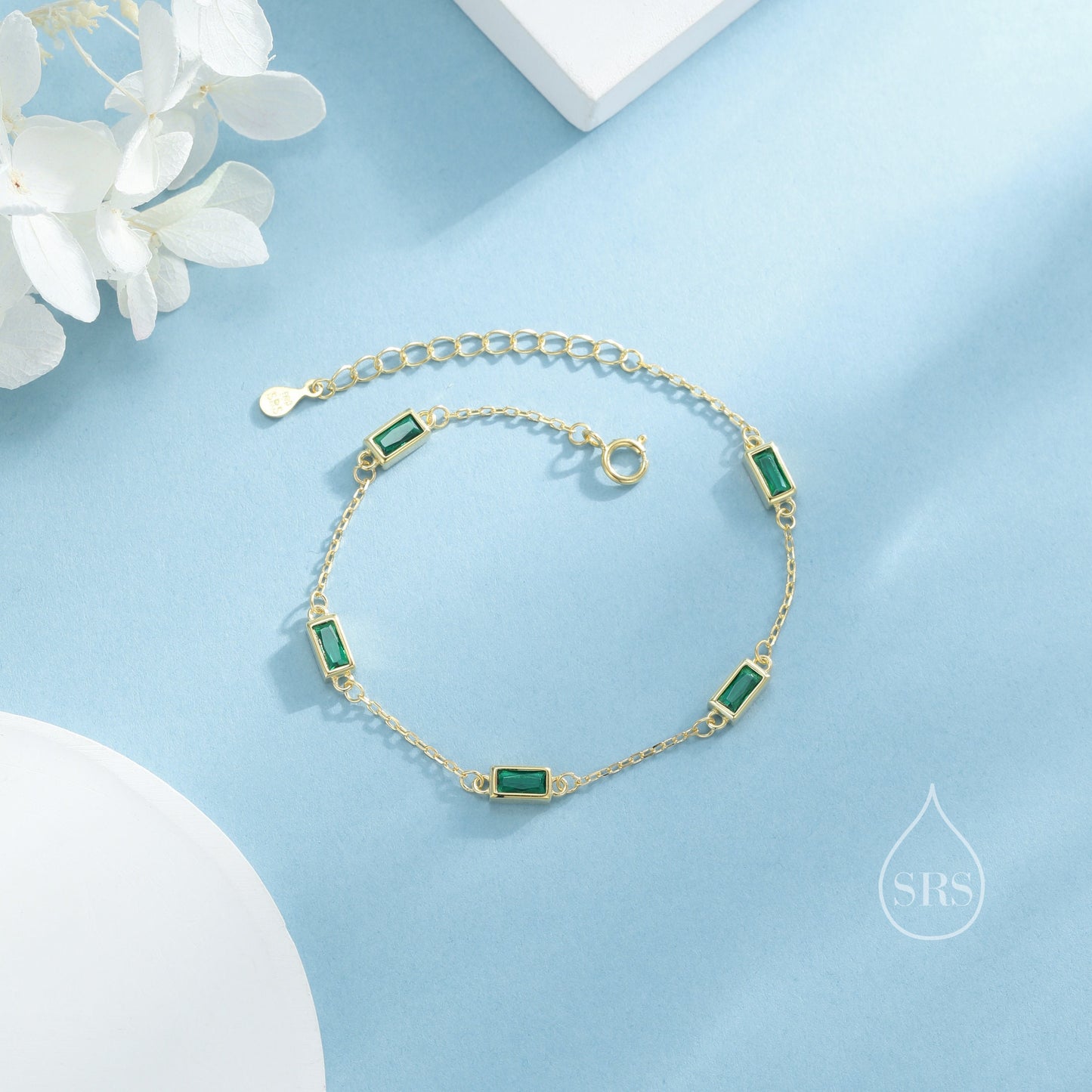 Baguette CZ Satellite Bracelet in Sterling Silver, Silver or Gold, Five Baguette CZ Bracelet, Chain Bracelet, Delicate CZ Bracelet