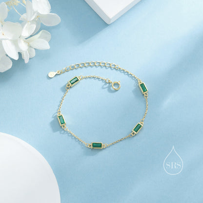 Baguette CZ Satellite Bracelet in Sterling Silver, Silver or Gold, Five Baguette CZ Bracelet, Chain Bracelet, Delicate CZ Bracelet