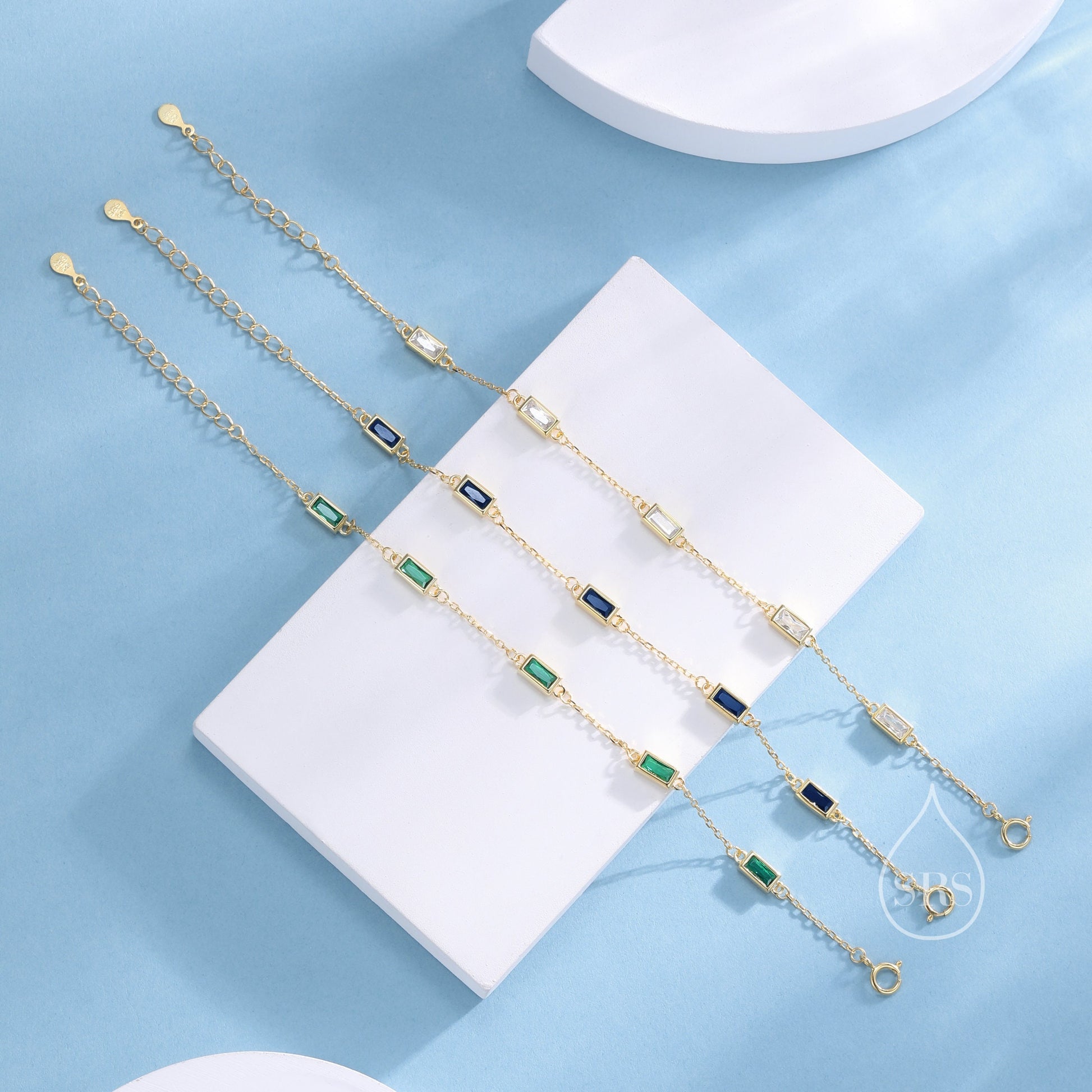 Baguette CZ Satellite Bracelet in Sterling Silver, Silver or Gold, Five Baguette CZ Bracelet, Chain Bracelet, Delicate CZ Bracelet