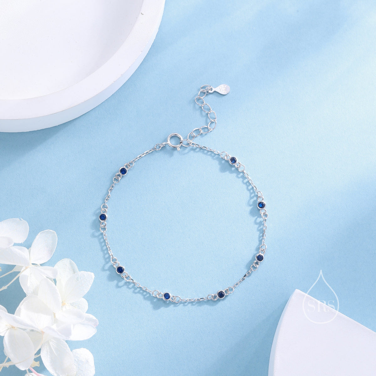 Sterling Silver Extra Delicate Sapphire Blue CZ Bezel Bracelet, Silver or Gold, CZ Satellite Bracelet, Tiny Delicate CZ Bracelet