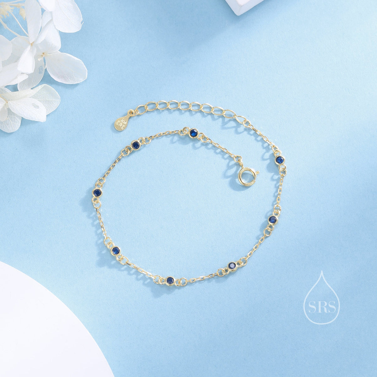 Sterling Silver Extra Delicate Sapphire Blue CZ Bezel Bracelet, Silver or Gold, CZ Satellite Bracelet, Tiny Delicate CZ Bracelet