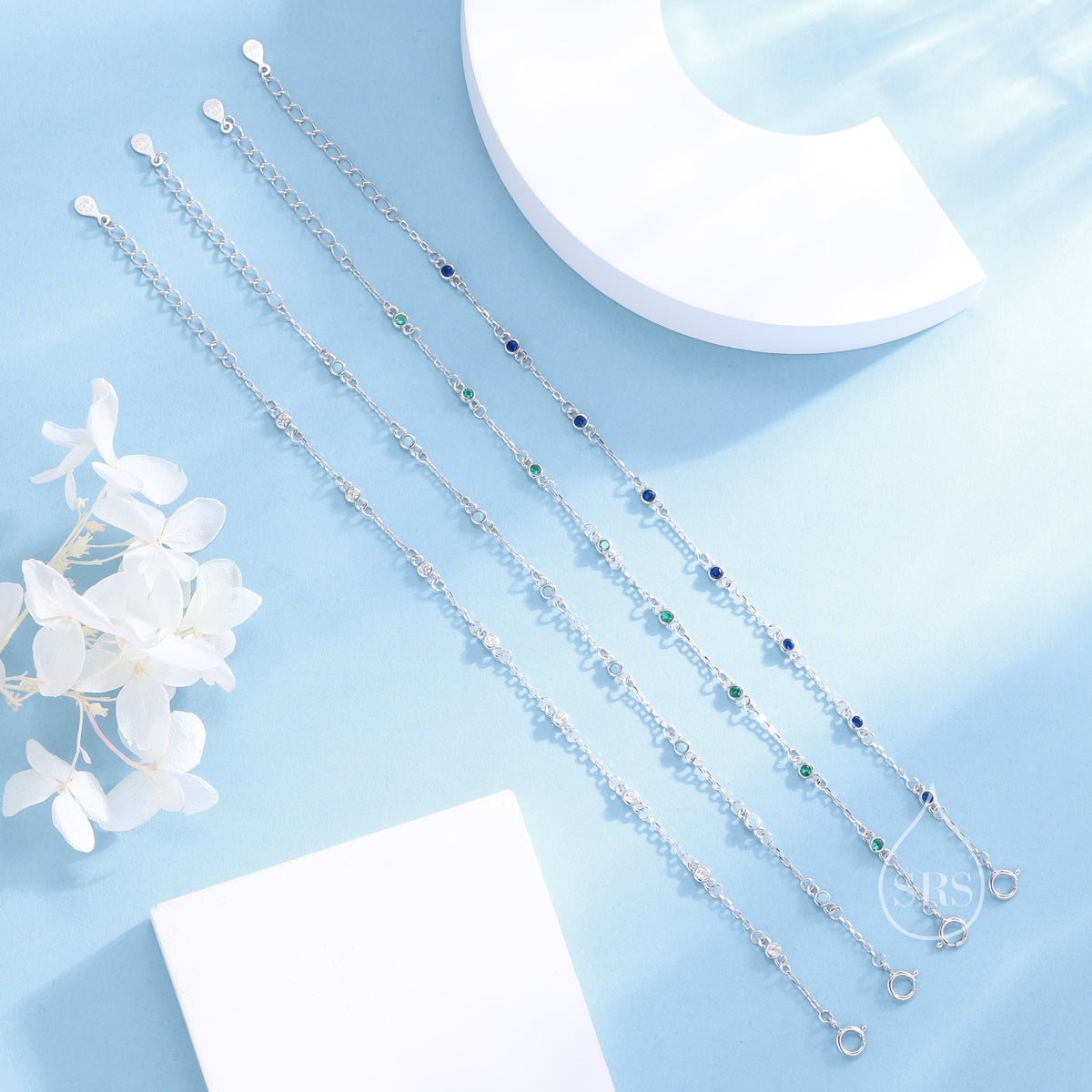 Sterling Silver Extra Delicate Sapphire Blue CZ Bezel Bracelet, Silver or Gold, CZ Satellite Bracelet, Tiny Delicate CZ Bracelet