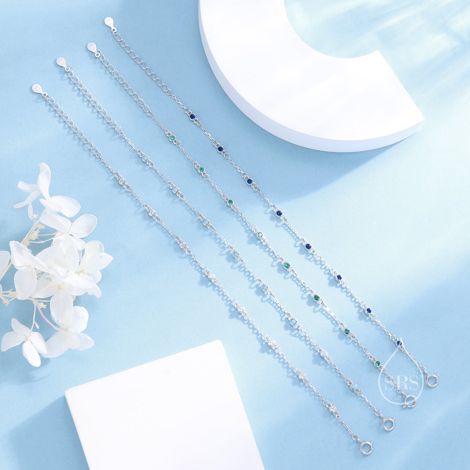 Sterling Silver Extra Delicate Sapphire Blue CZ Bezel Bracelet, Silver or Gold, CZ Satellite Bracelet, Tiny Delicate CZ Bracelet