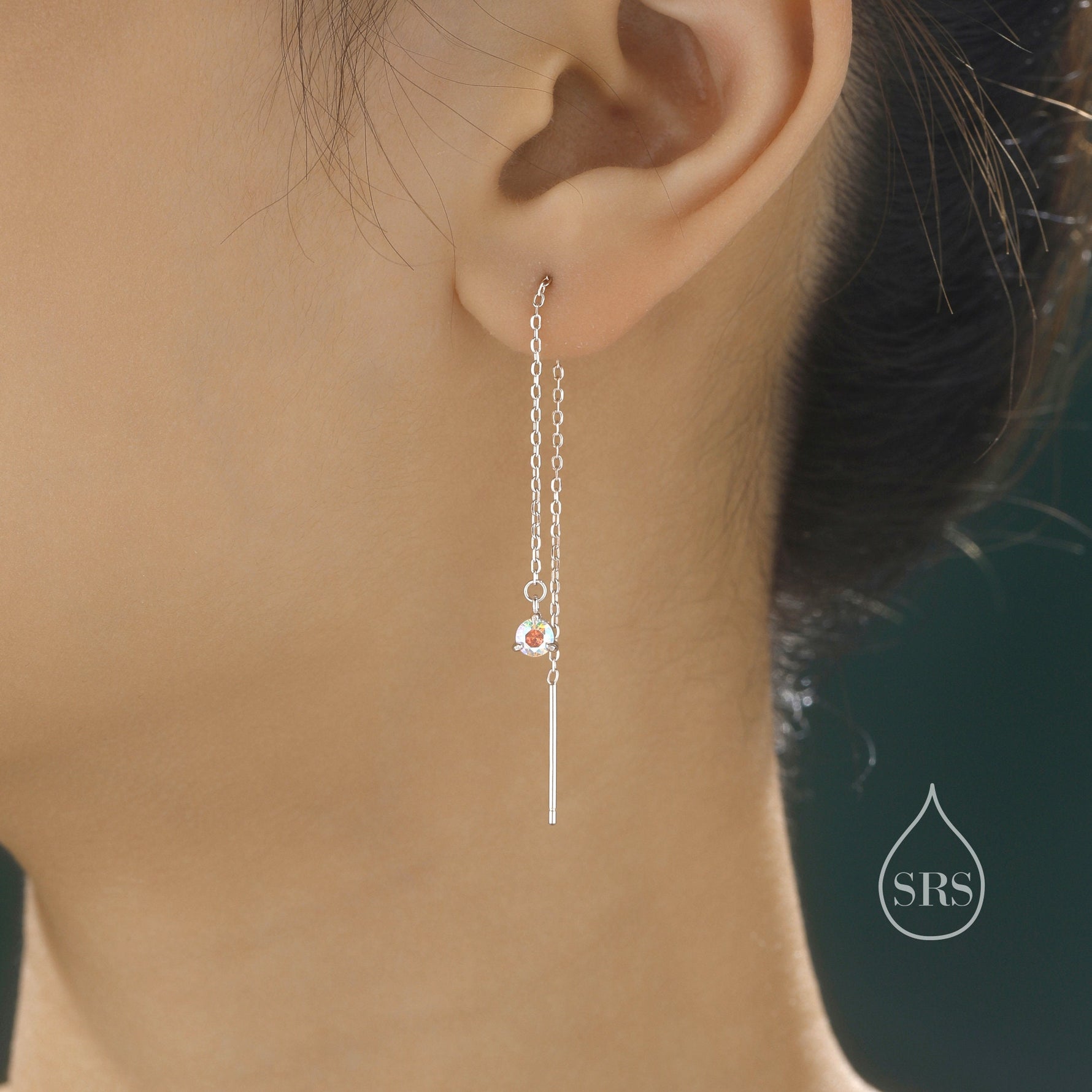 Aurora CZ Threader Earrings in Sterling Silver, Silver or Gold or Rose Gold, Tiny CZ Crystal Ear Threaders, Prong Set CZ Earring
