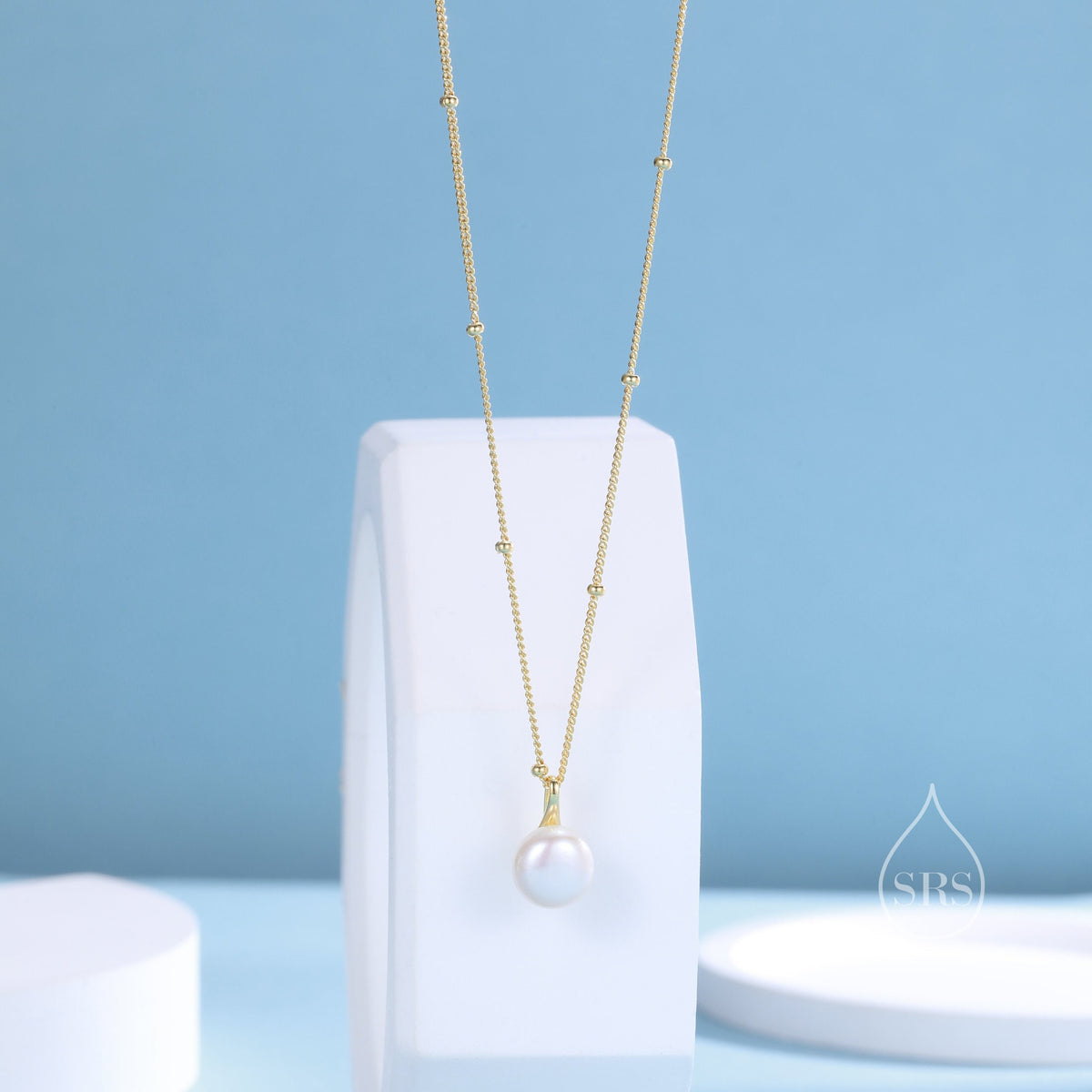 Genuine Freshwater Pearl Pendant Necklace in Sterling Silver, Silver or Gold or Rose Gold, Delicate Button Pearl Necklace Satellite Chain