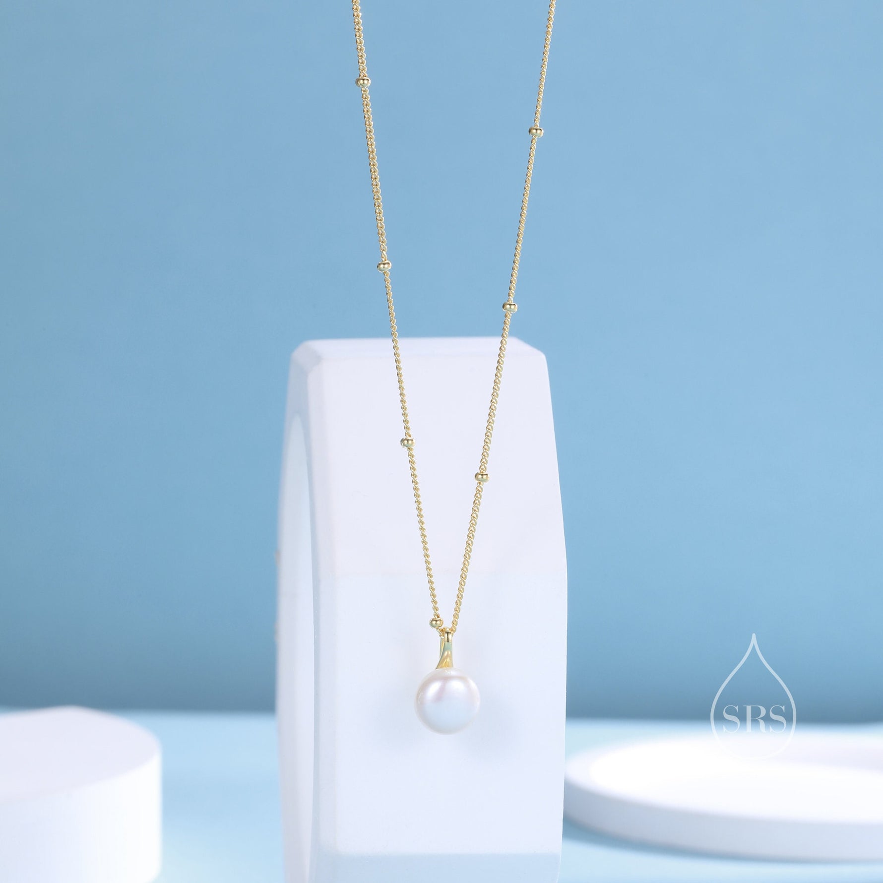 Genuine Freshwater Pearl Pendant Necklace in Sterling Silver, Silver or Gold or Rose Gold, Delicate Button Pearl Necklace Satellite Chain