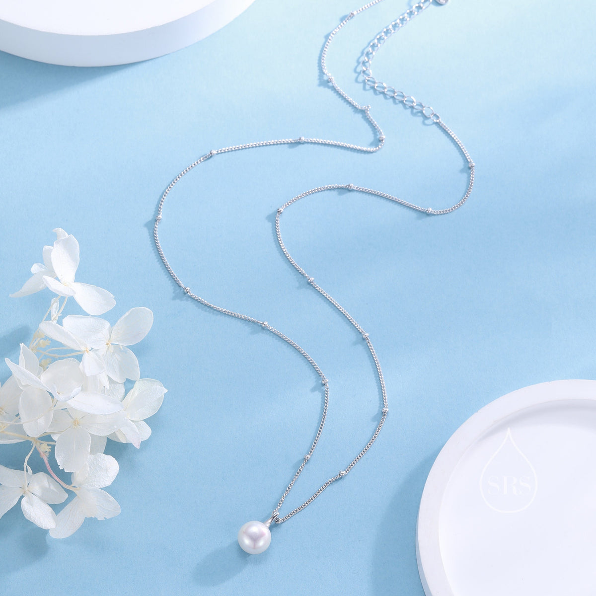 Genuine Freshwater Pearl Pendant Necklace in Sterling Silver, Silver or Gold or Rose Gold, Delicate Button Pearl Necklace Satellite Chain