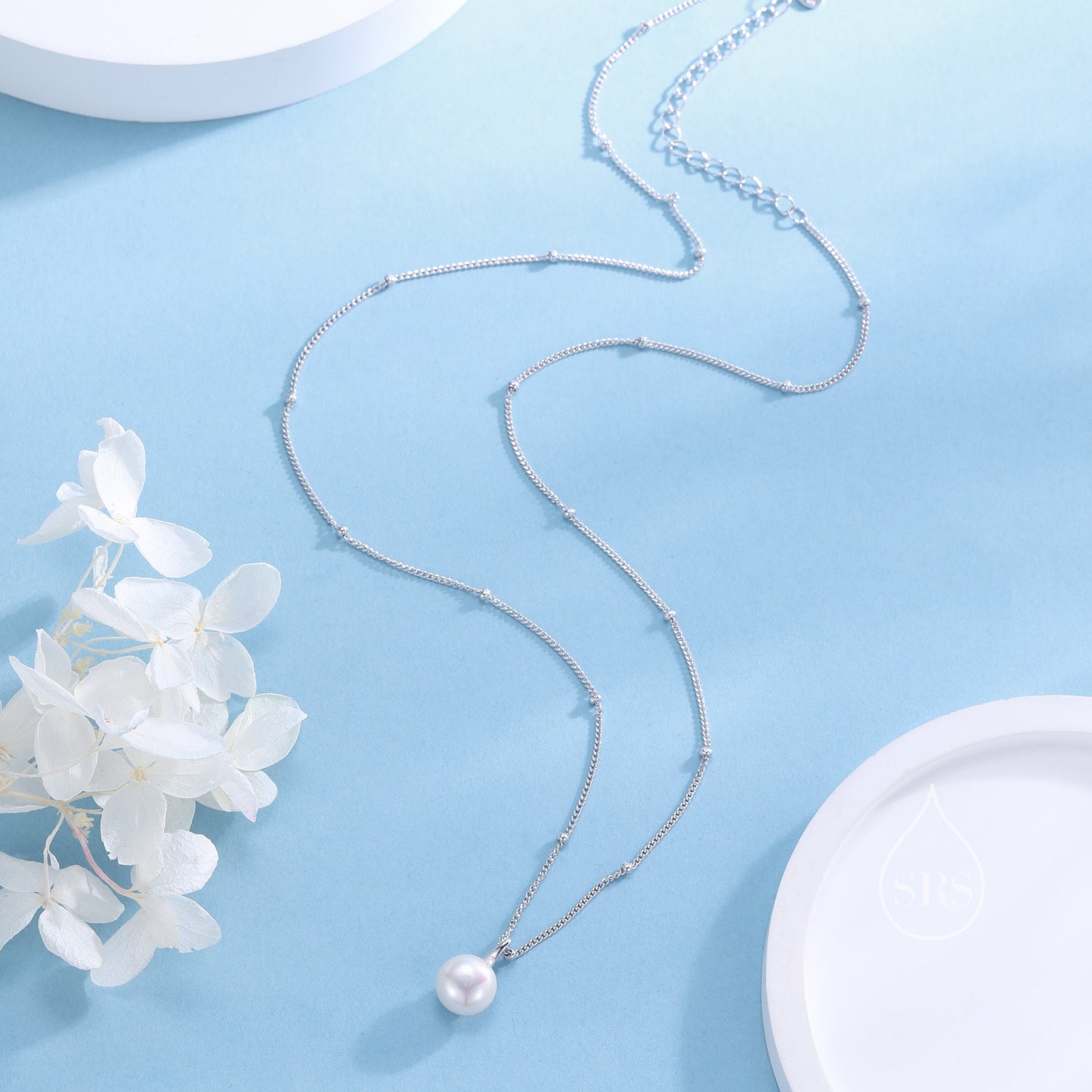 Genuine Freshwater Pearl Pendant Necklace in Sterling Silver, Silver or Gold or Rose Gold, Delicate Button Pearl Necklace Satellite Chain