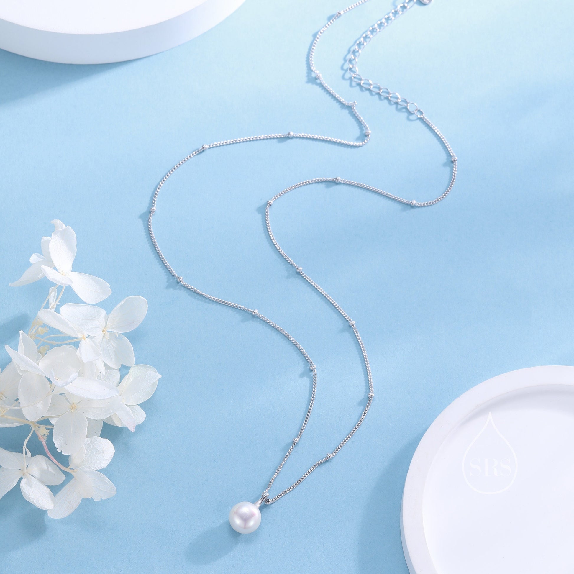 Genuine Freshwater Pearl Pendant Necklace in Sterling Silver, Silver or Gold or Rose Gold, Delicate Button Pearl Necklace Satellite Chain