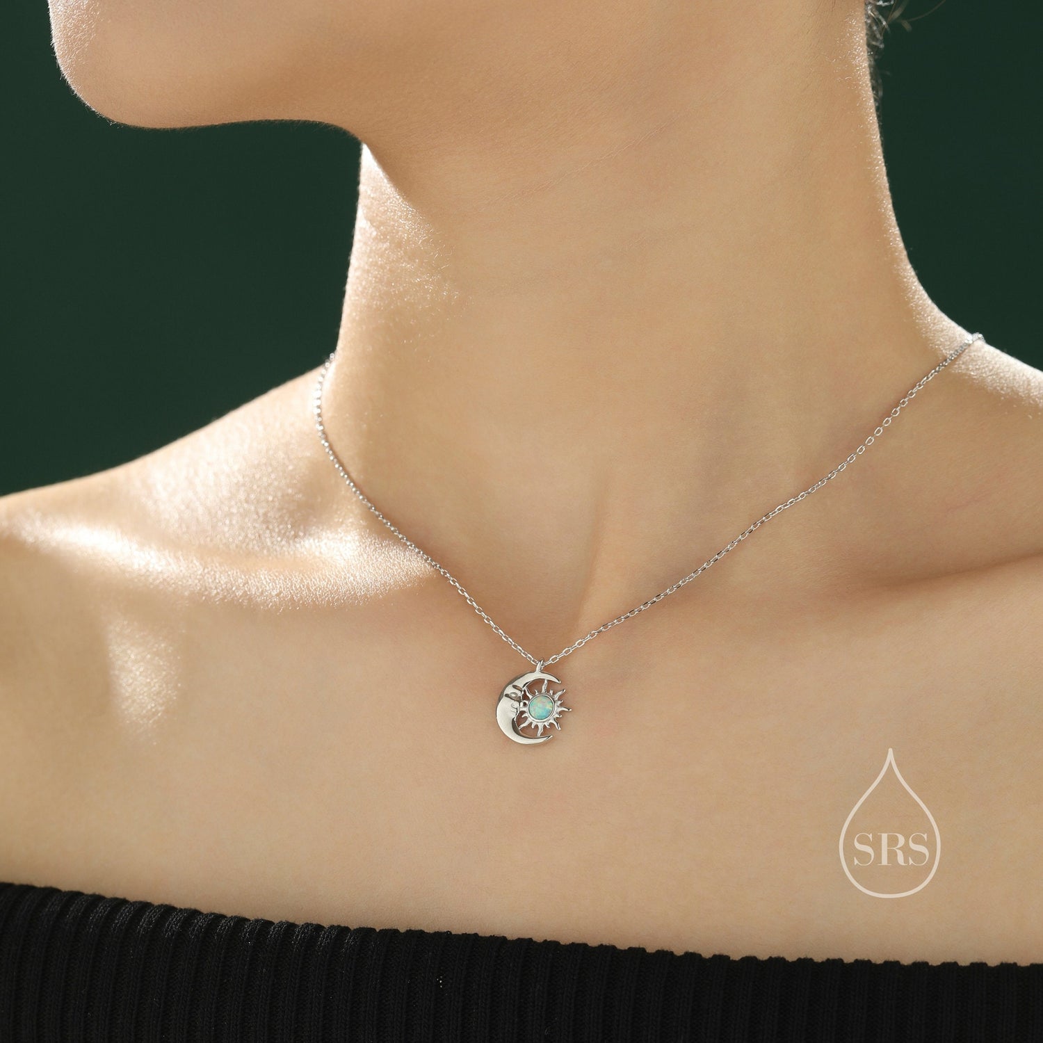 Aqua Green Opal Moon and Star Pendant Necklace