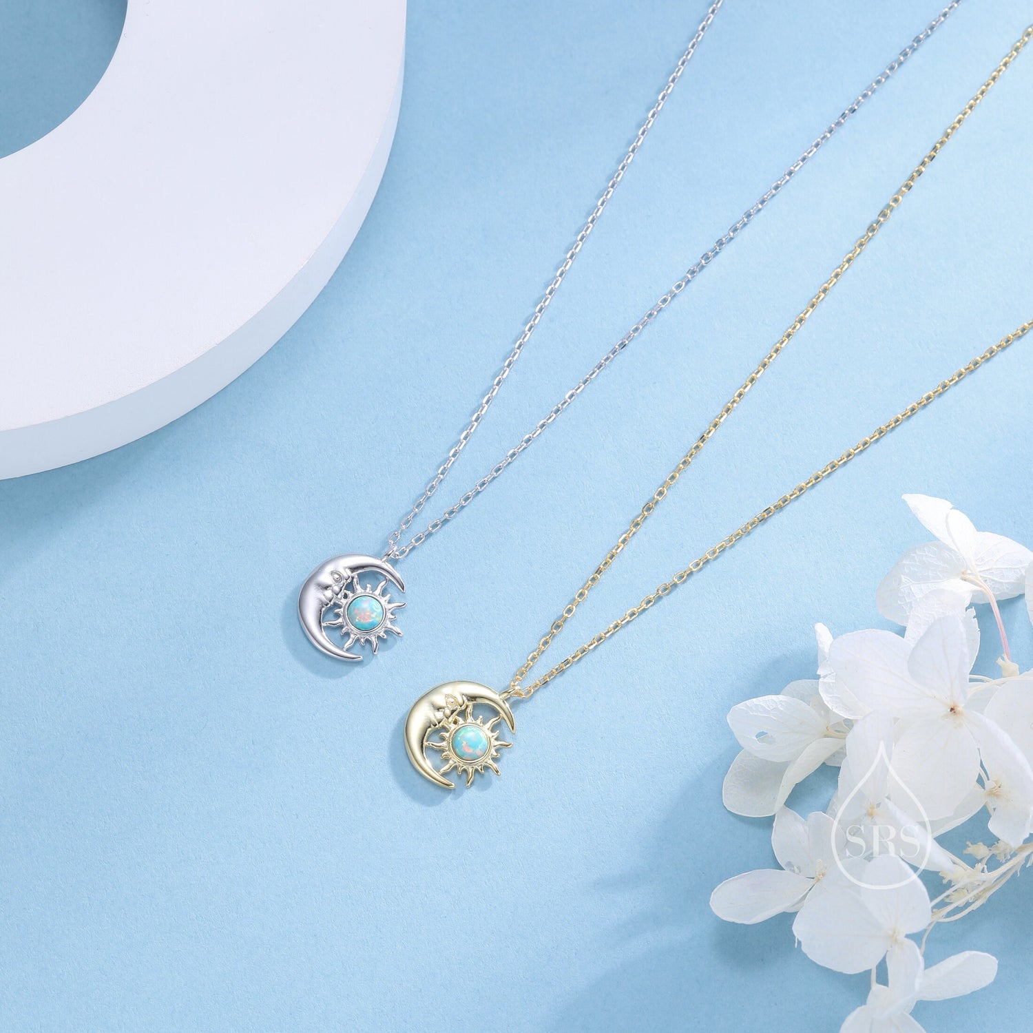 Aqua Green Opal Moon and Star Pendant Necklace