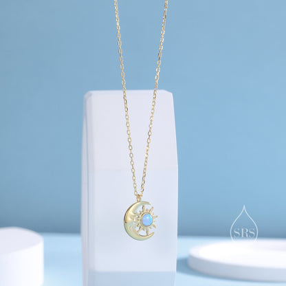 Blue Opal Moon and Star Pendant Necklace in Sterling Silver, Silver or Gold, Man in the Moon, Lab Opal Starburst Necklace