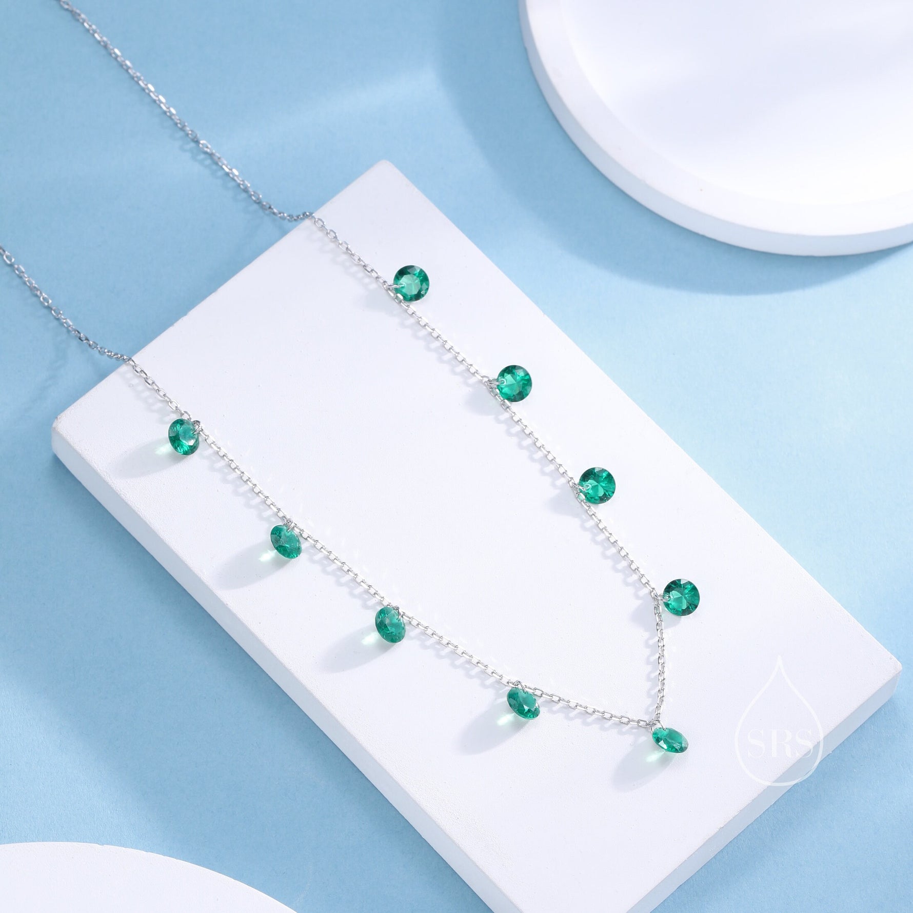 Emerald Green CZ Dangle Necklace in Sterling Silver, Silver or Gold, Satellite Crystal Necklace, Solid Silver Motif Necklace