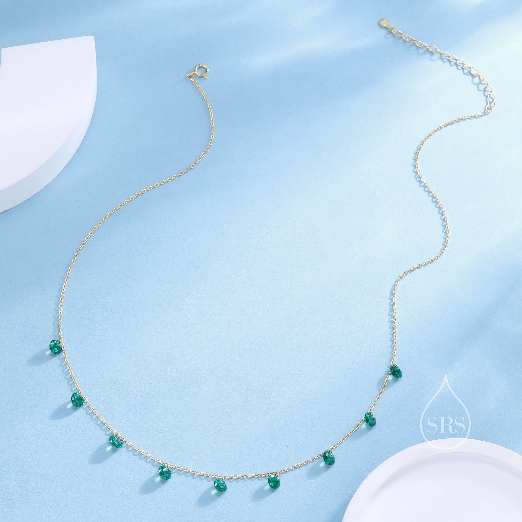Emerald Green CZ Dangle Necklace in Sterling Silver, Silver or Gold, Satellite Crystal Necklace, Solid Silver Motif Necklace