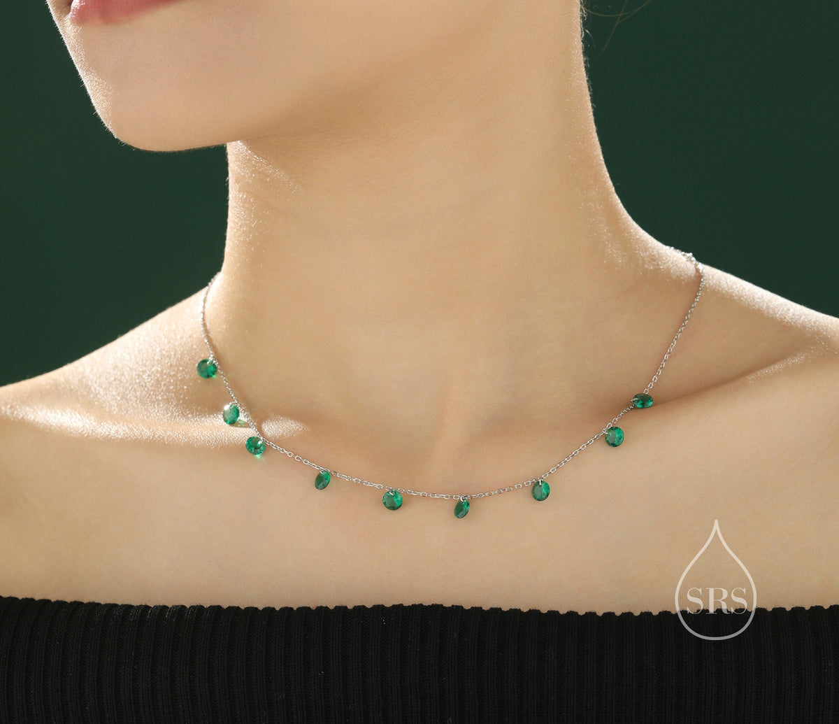 Emerald Green CZ Dangle Necklace in Sterling Silver, Silver or Gold, Satellite Crystal Necklace, Solid Silver Motif Necklace