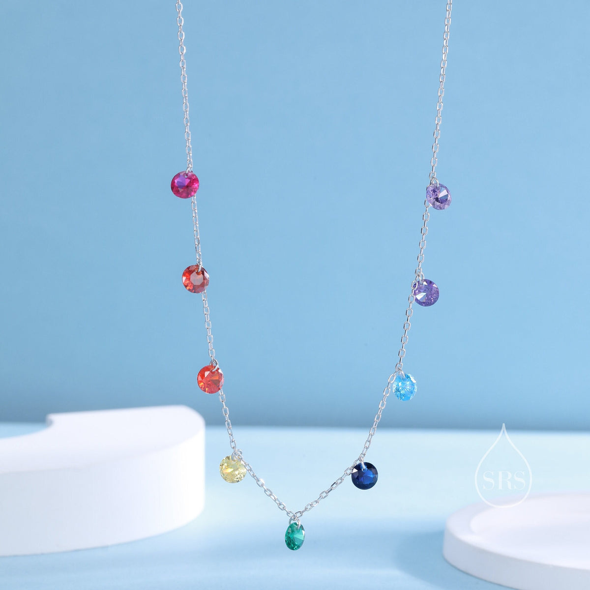 Rainbow Spectrum CZ Dangle Necklace in Sterling Silver, Silver or Gold, Satellite Crystal Necklace, Solid Silver Motif Necklace