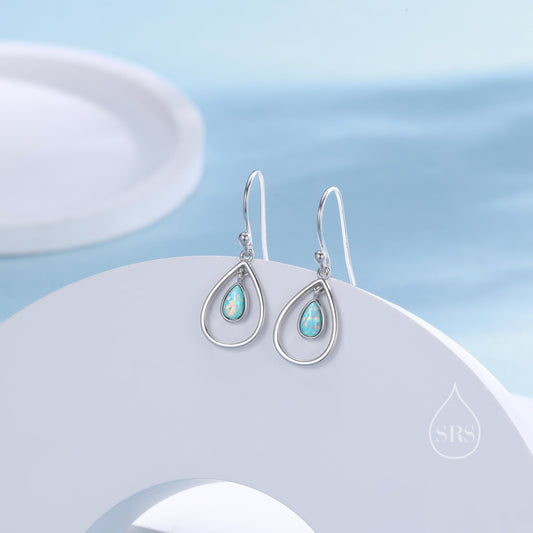 Opal Droplet Drop Hook Earrings in Sterling Silver, Aqua Green Opal or White Opal, Delicate Lab Opal Geometric Earrings, Droplet Earrings