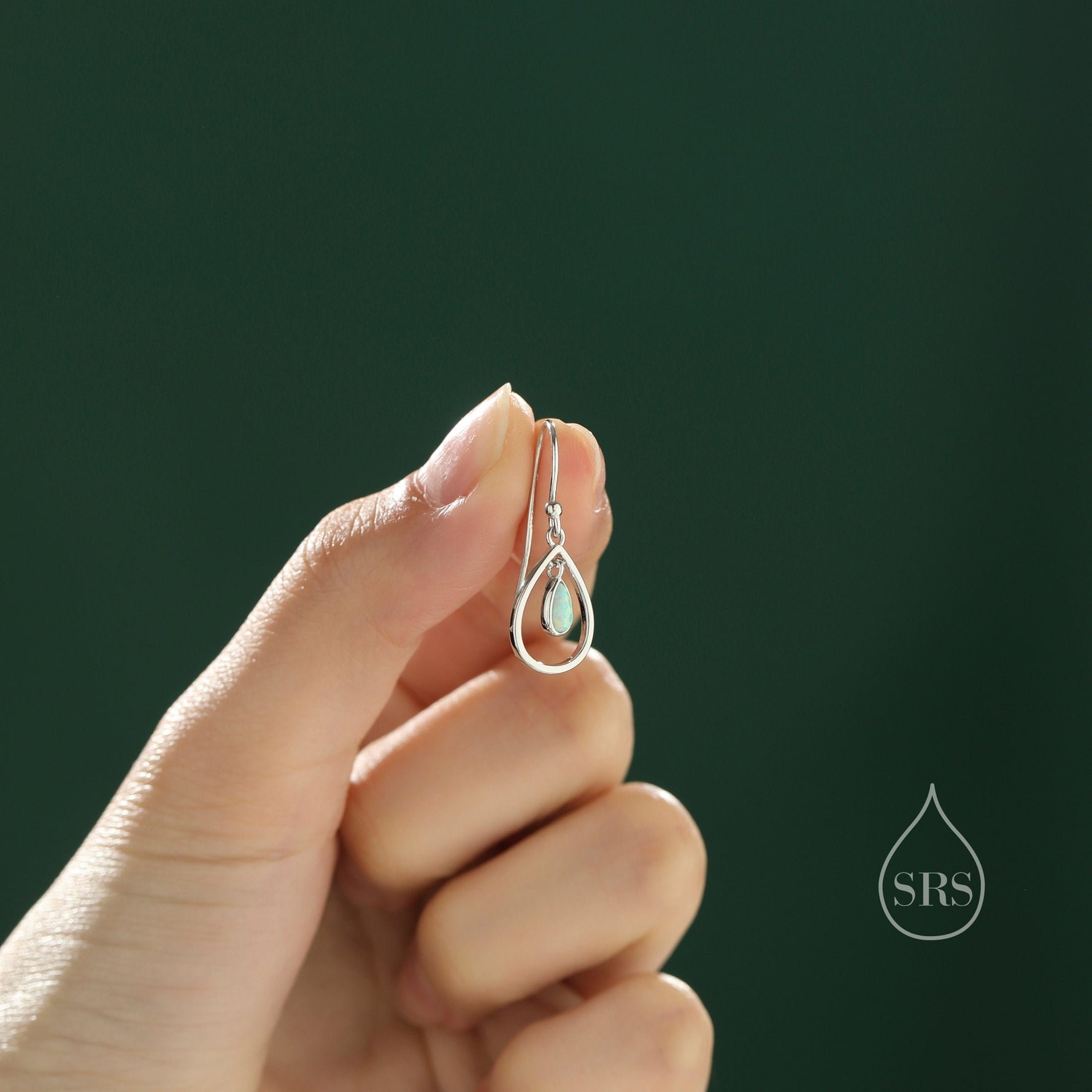Opal Droplet Drop Hook Earrings in Sterling Silver, Aqua Green Opal or White Opal, Delicate Lab Opal Geometric Earrings, Droplet Earrings