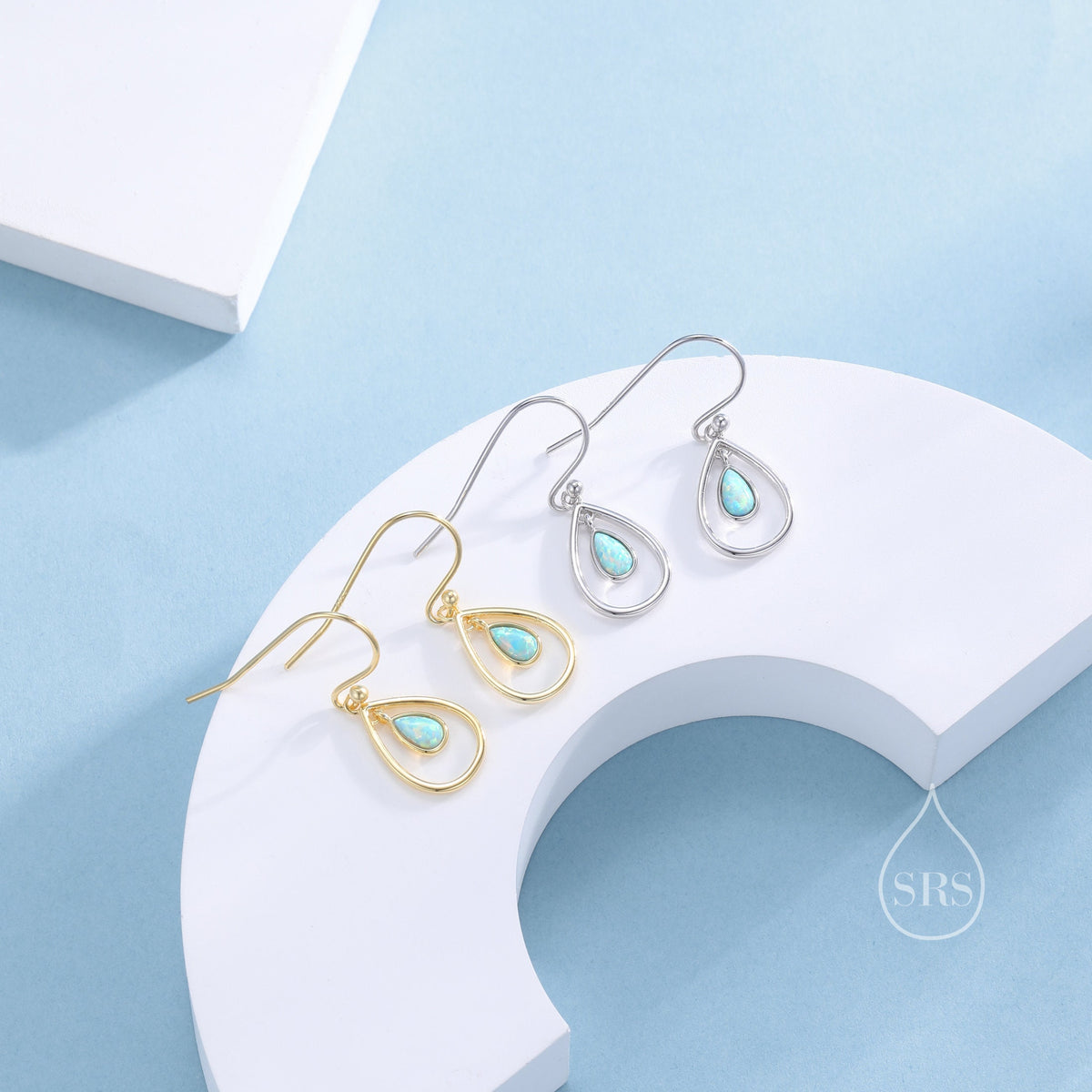 Opal Droplet Drop Hook Earrings in Sterling Silver, Aqua Green Opal or White Opal, Delicate Lab Opal Geometric Earrings, Droplet Earrings