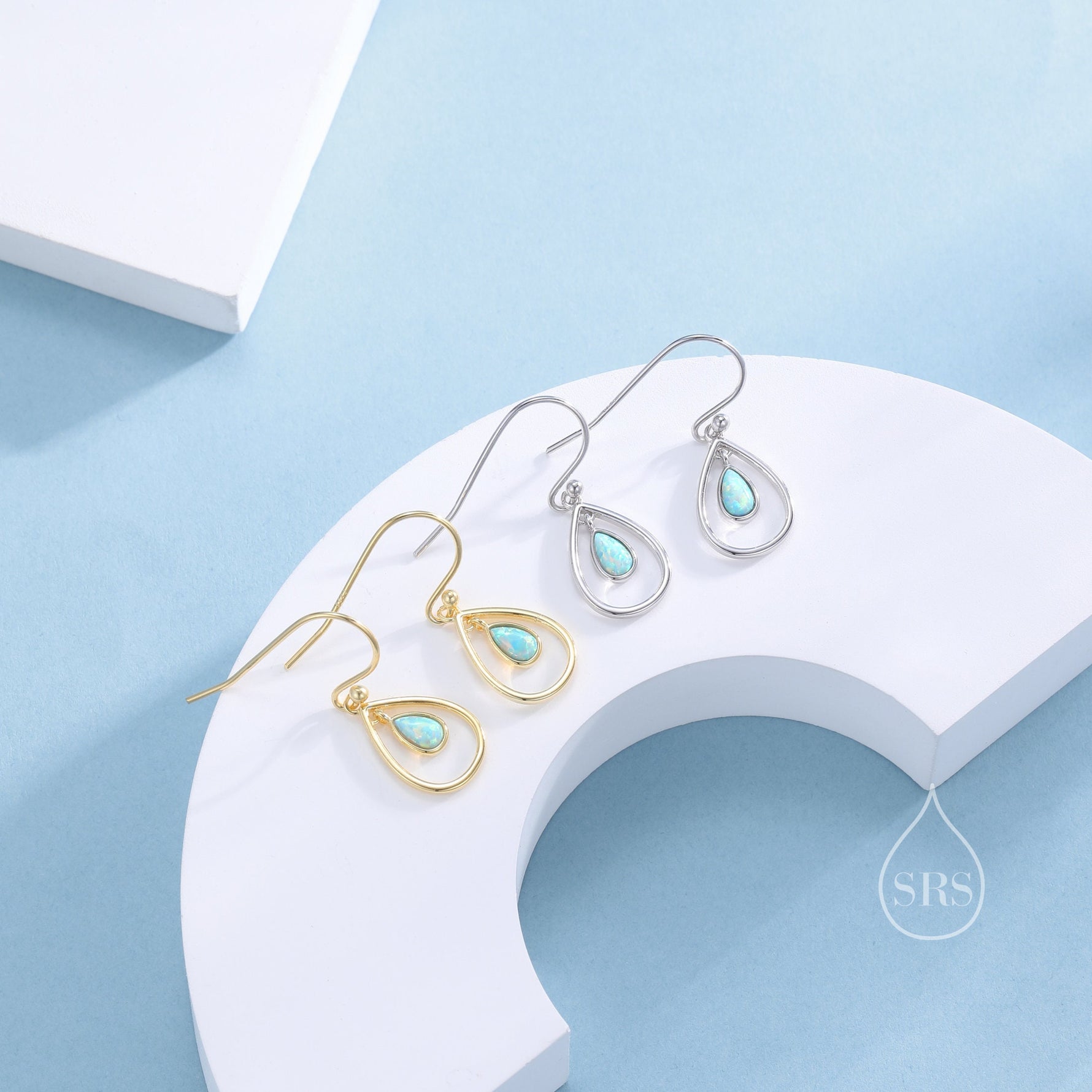 Opal Droplet Drop Hook Earrings in Sterling Silver, Aqua Green Opal or White Opal, Delicate Lab Opal Geometric Earrings, Droplet Earrings