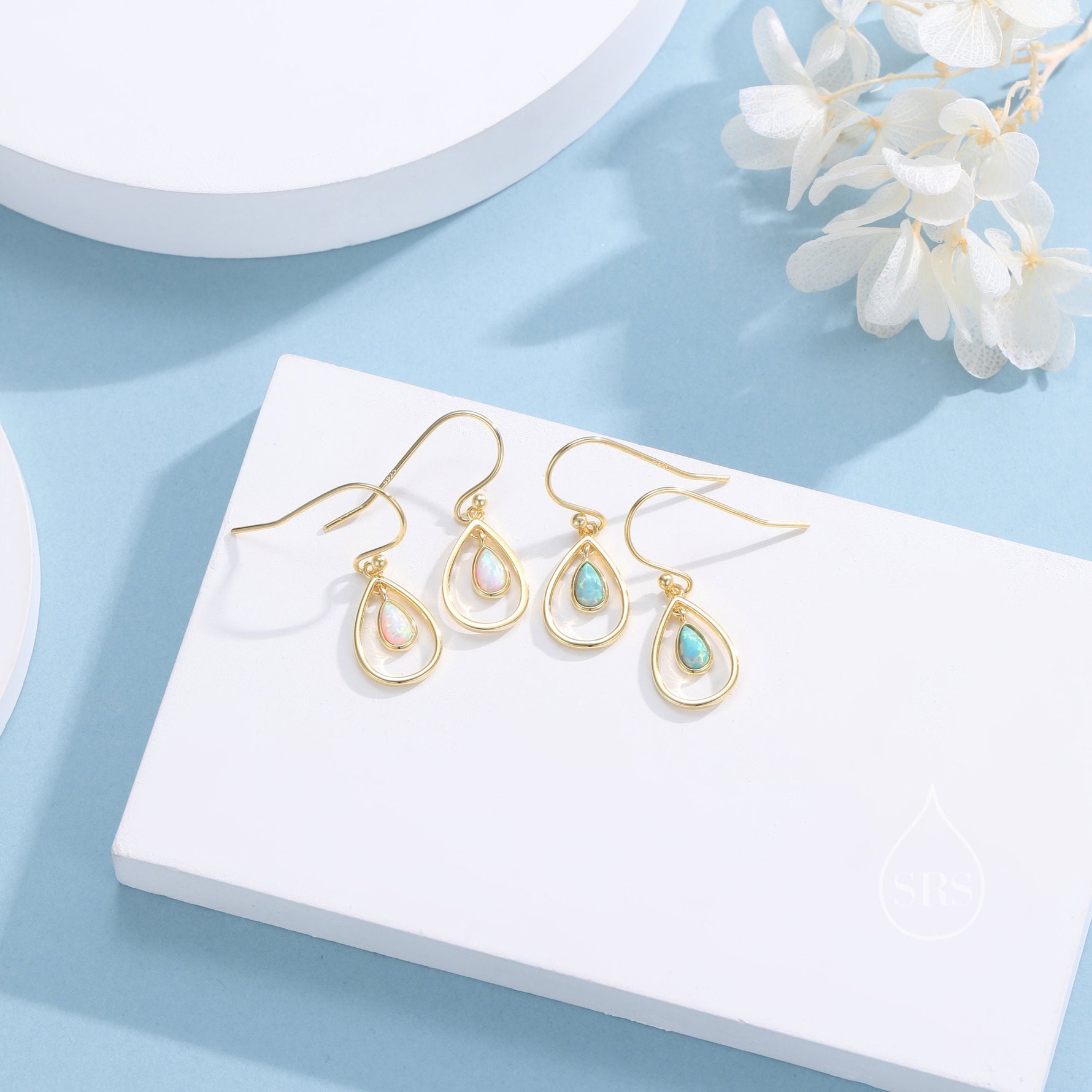 Opal Droplet Drop Hook Earrings in Sterling Silver, Aqua Green Opal or White Opal, Delicate Lab Opal Geometric Earrings, Droplet Earrings