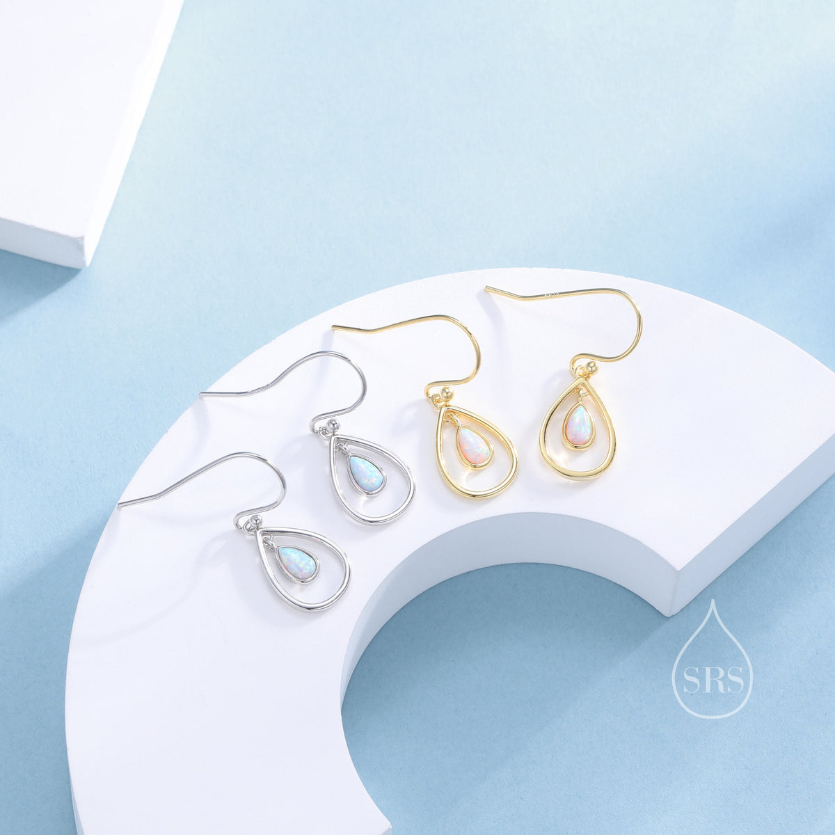 Opal Droplet Drop Hook Earrings in Sterling Silver, Aqua Green Opal or White Opal, Delicate Lab Opal Geometric Earrings, Droplet Earrings