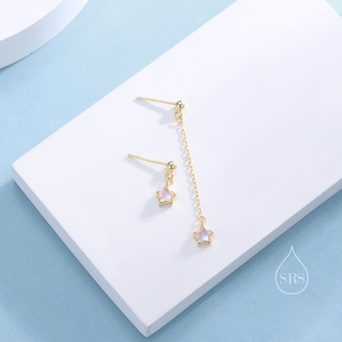 Asymmetric Tiny Moonstone Star Dangle Stud Earrings in Sterling Silver, Silver or Gold or Rose Gold, Aurora Star Earrings, Sunburst Earrings