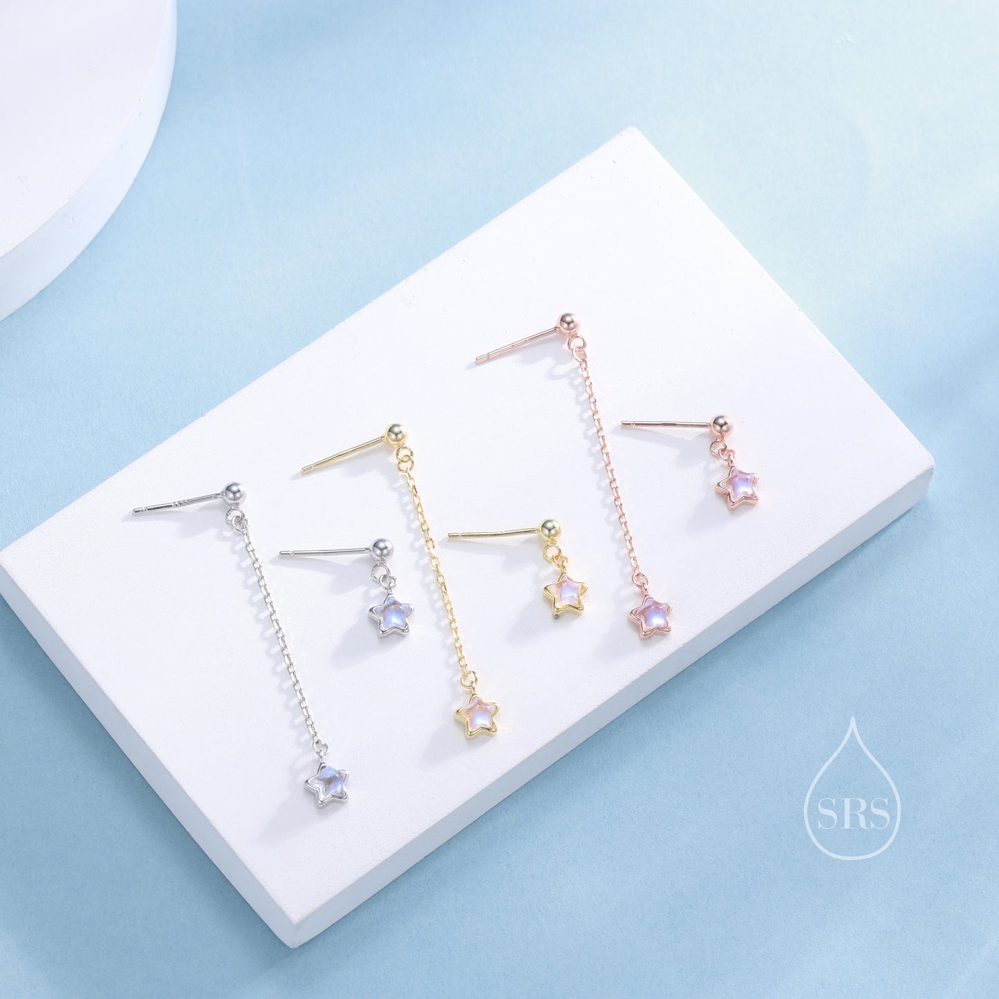Asymmetric Tiny Moonstone Star Dangle Stud Earrings in Sterling Silver, Silver or Gold or Rose Gold, Aurora Star Earrings, Sunburst Earrings