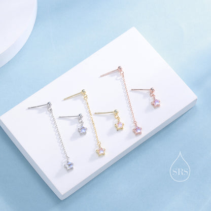 Asymmetric Tiny Moonstone Star Dangle Stud Earrings in Sterling Silver, Silver or Gold or Rose Gold, Aurora Star Earrings, Sunburst Earrings