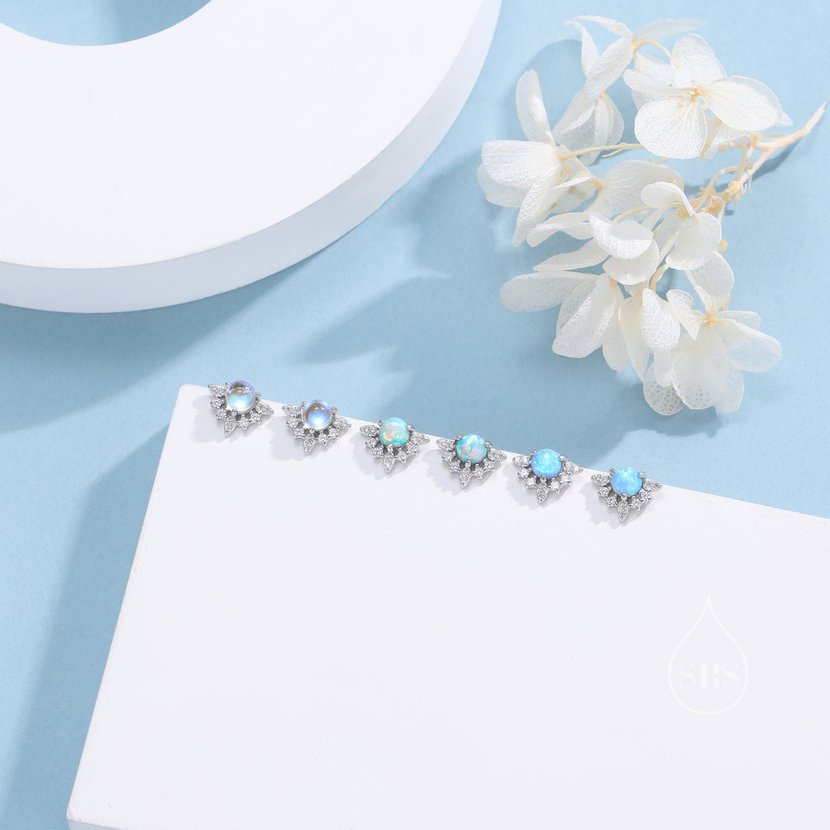Vintage Inspired Moonstone Flower CZ Stud Earrings, Lab Moonstone Halo CZ Earrings, Simulated Moonstone Earrings