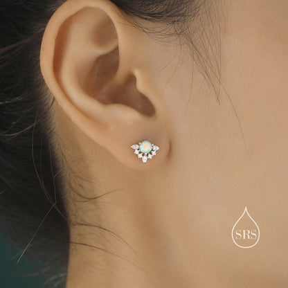 Vintage Inspired White Opal Flower CZ Stud Earrings, Lab Opal Halo CZ Earrings, Simulated Fire Opal Earrings