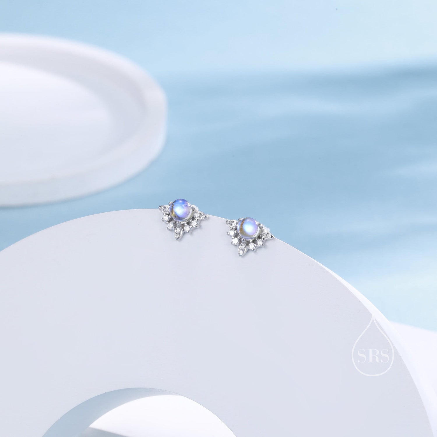 Vintage Inspired Moonstone Flower CZ Stud Earrings, Lab Moonstone Halo CZ Earrings, Simulated Moonstone Earrings