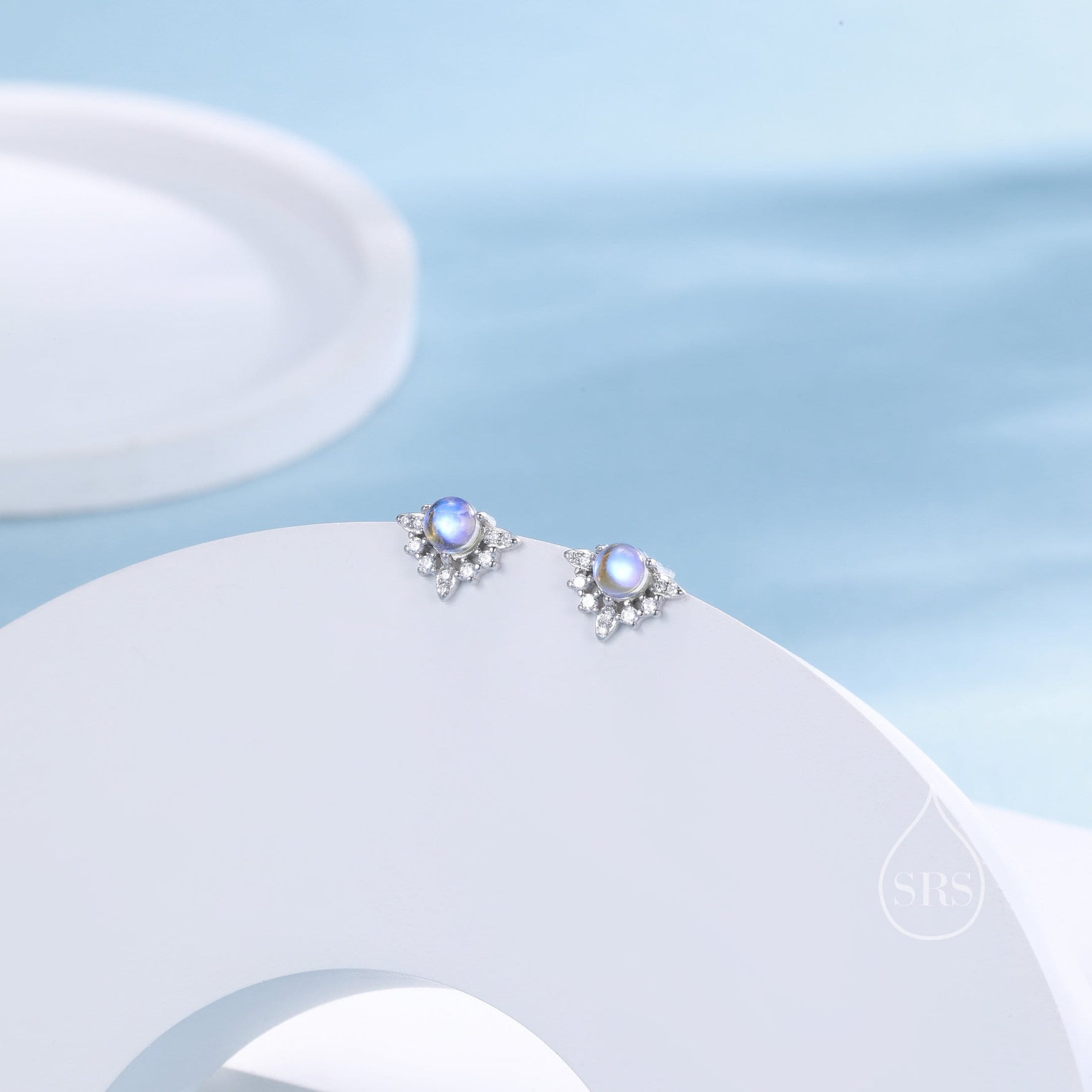 Vintage Inspired Moonstone Flower CZ Stud Earrings, Lab Moonstone Halo CZ Earrings, Simulated Moonstone Earrings