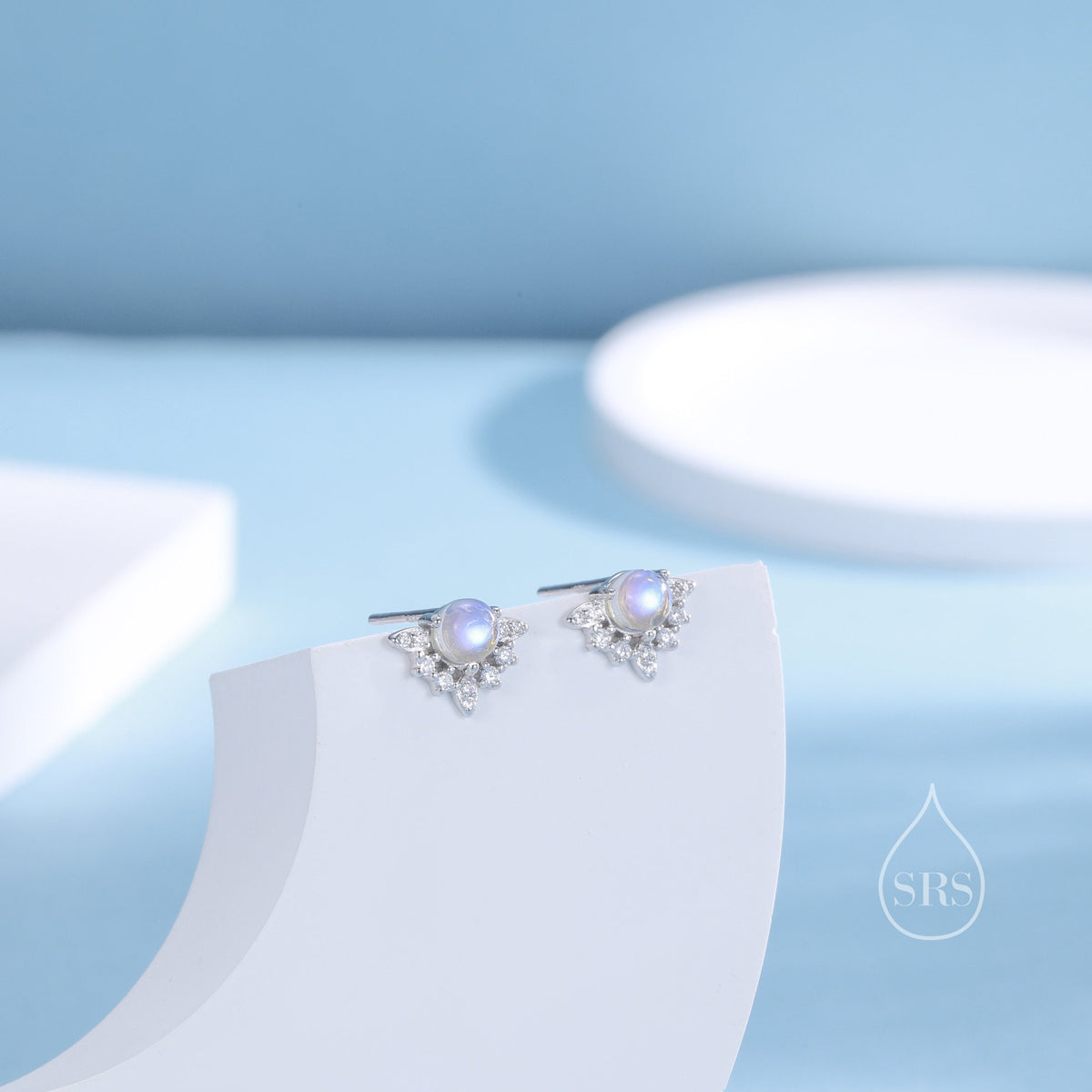 Vintage Inspired Moonstone Flower CZ Stud Earrings, Lab Moonstone Halo CZ Earrings, Simulated Moonstone Earrings